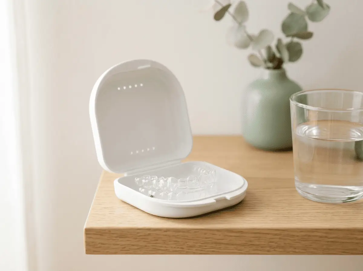 Paire d'aligneurs orthodontiques transparents posés dans leur étui ouvert près d'un verre d'eau — utilisation et entretien des aligneurs, cabinet dentaire à {{VILLE}}