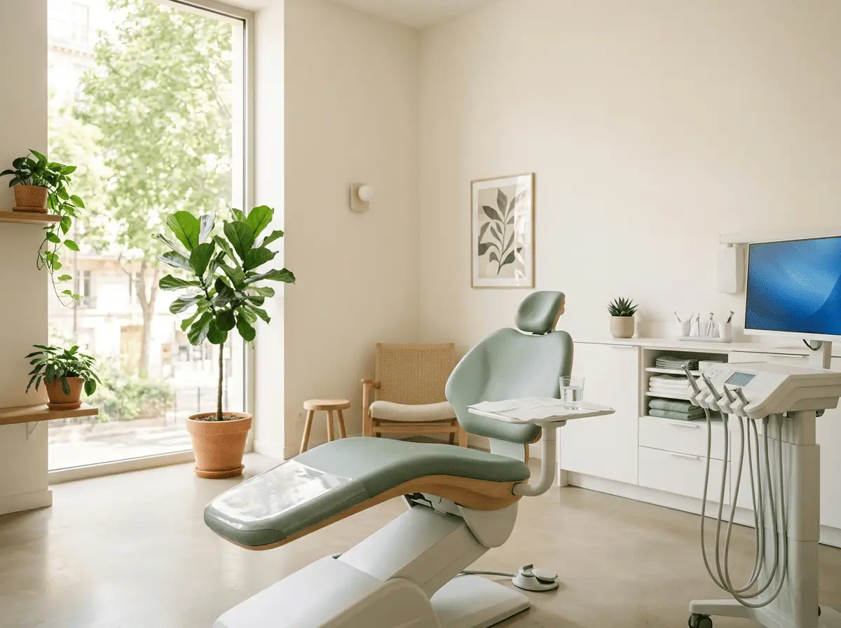 Salle de soins moderne et lumineuse d'un cabinet dentaire, fauteuil épuré et grande fenêtre — cabinet dentaire à {{VILLE}}
