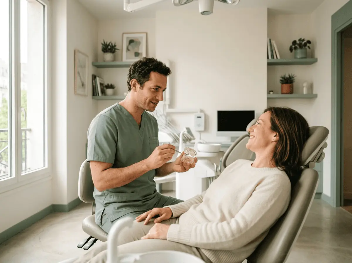 Chirurgien-dentiste échangeant avec un patient adulte détendu installé dans le fauteuil — omnipratique et soins courants, cabinet dentaire à {{VILLE}}