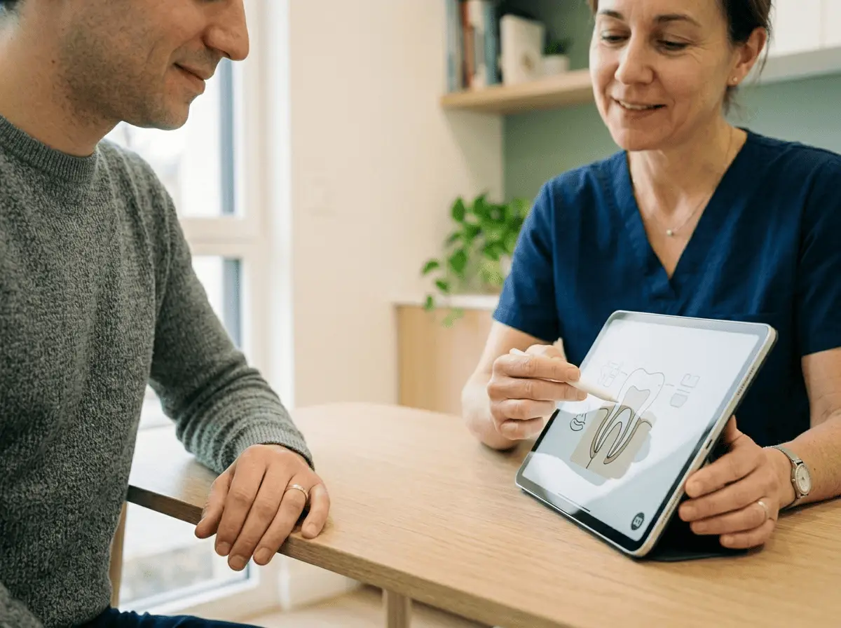 Chirurgien-dentiste expliquant une radiographie sur écran à un patient lors de la consultation préparatoire avant une chirurgie buccale au cabinet à {{VILLE}}