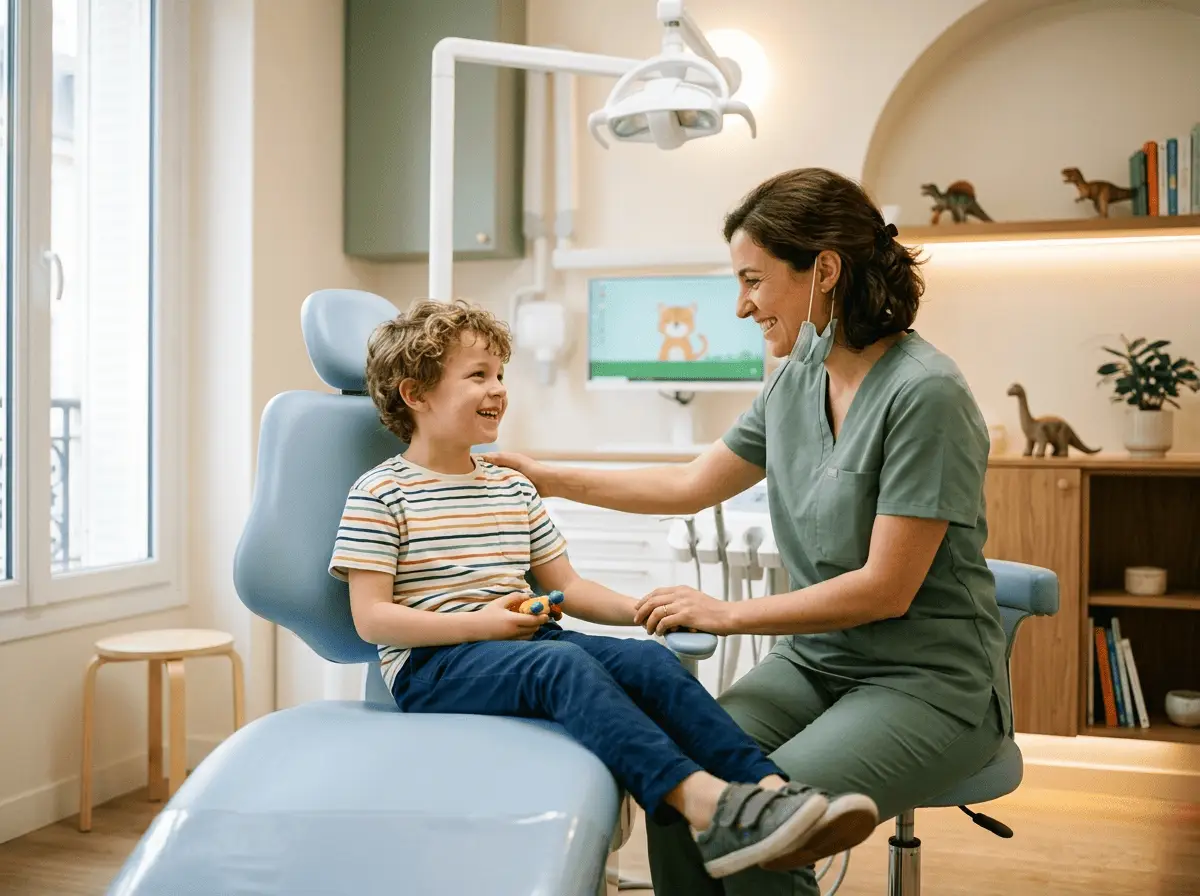 Enfant souriant et détendu dans le fauteuil aux côtés d'un chirurgien-dentiste bienveillant — odontologie pédiatrique, cabinet dentaire à {{VILLE}}