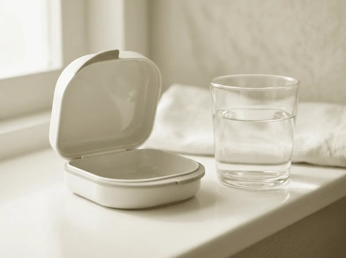 Boîte de rangement propre pour prothèse dentaire amovible et verre d'eau — entretien quotidien d'une prothèse amovible, cabinet dentaire à {{VILLE}}