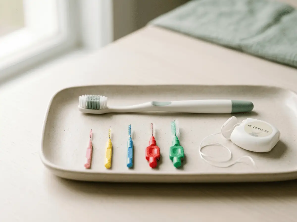 Brosse à dents souple, brossettes interdentaires et fil dentaire — entretien quotidien d'une prothèse dentaire fixe (couronne, bridge) au cabinet à {{VILLE}}