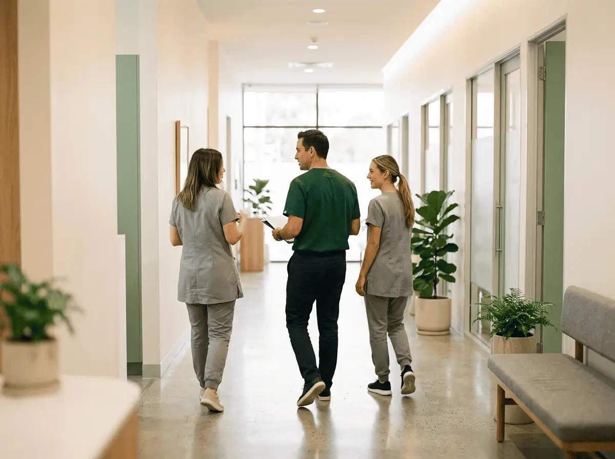 Équipe d'un cabinet dentaire — chirurgiens-dentistes et assistantes dans un couloir lumineux — cabinet dentaire à {{VILLE}}