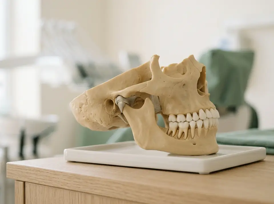 Chirurgien-dentiste examinant en douceur l'articulation de la mâchoire d'un patient détendu — prise en charge des dysfonctions orofaciales, cabinet dentaire à {{VILLE}}