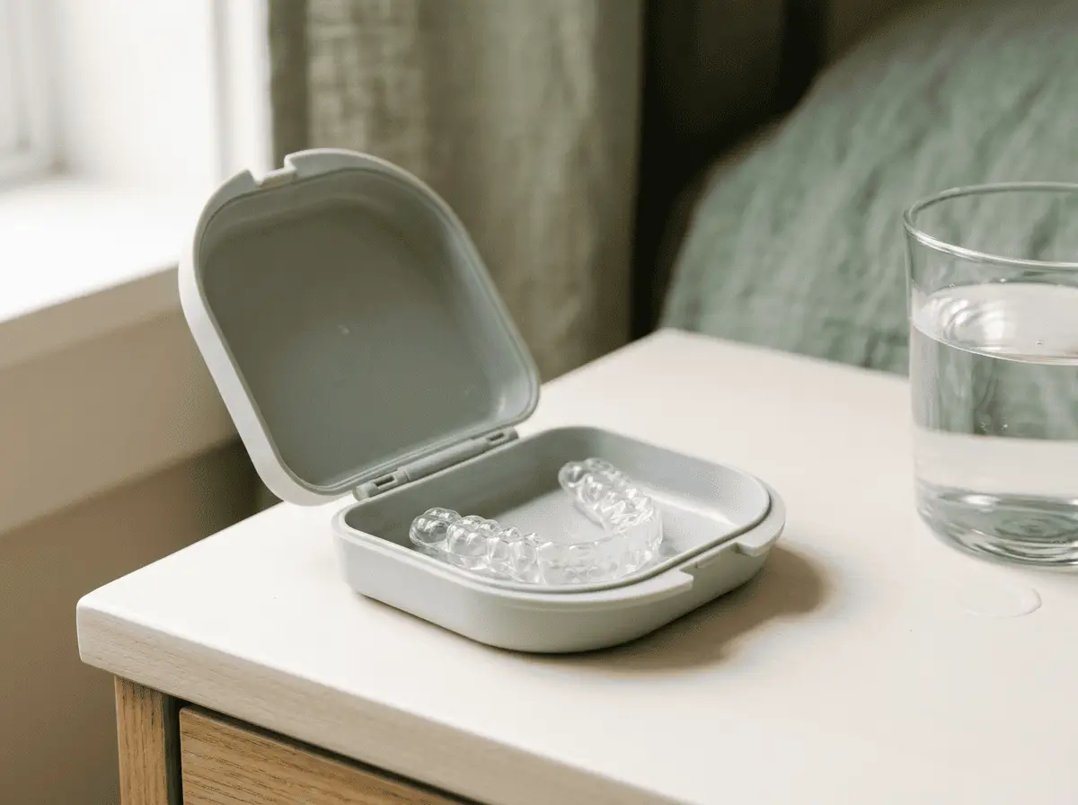 Gouttière occlusale transparente posée dans son étui ouvert près d'un verre d'eau — utilisation et entretien d'une gouttière occlusale, cabinet dentaire à {{VILLE}}