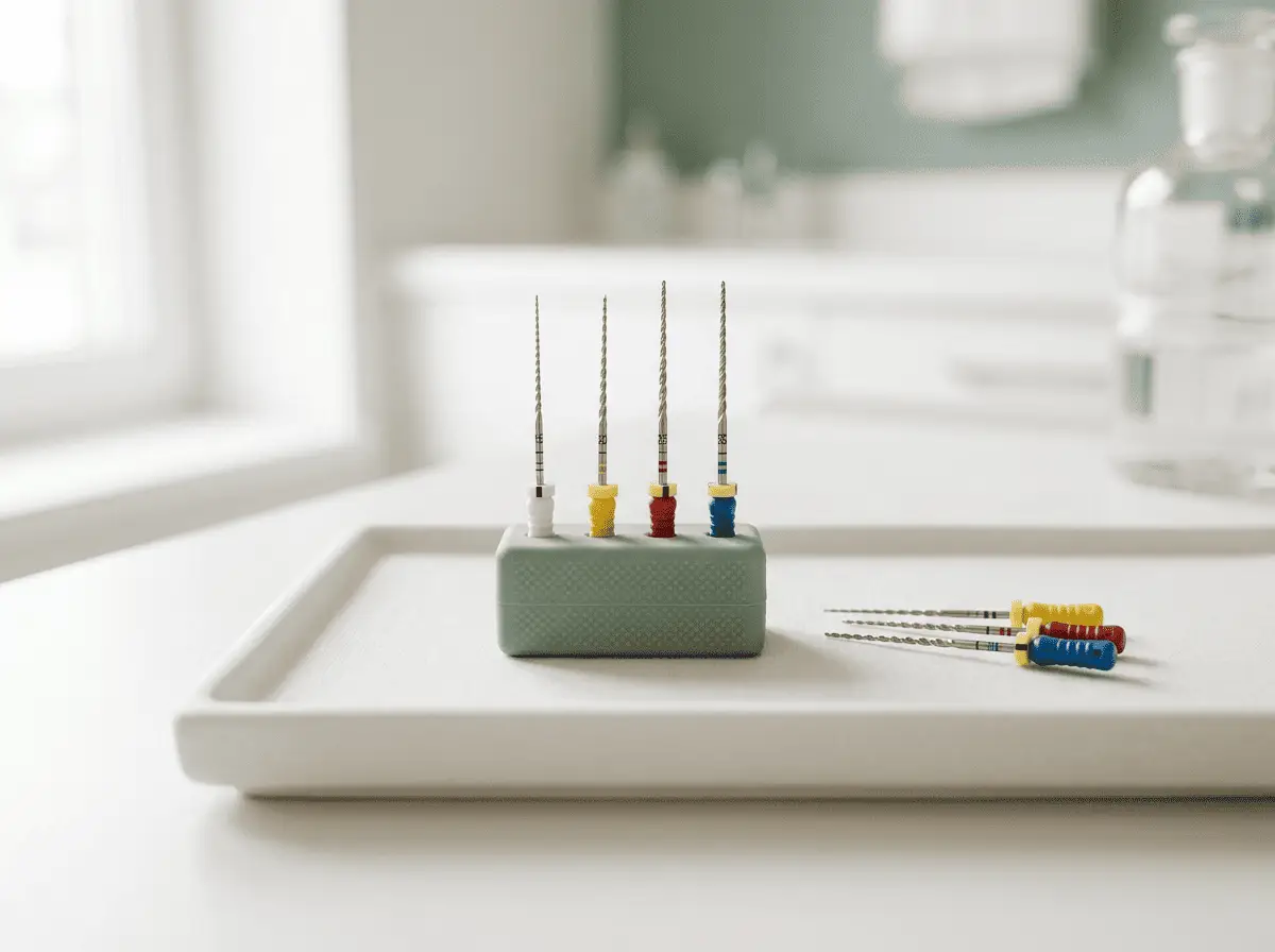 Plateau dentaire propre présentant de fins instruments d'endodontie (limes) bien rangés — traitement de racine, cabinet dentaire à {{VILLE}}