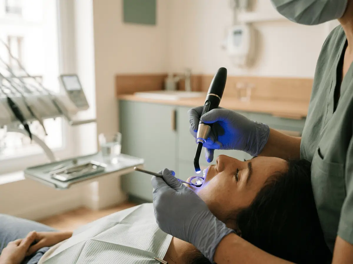 Chirurgien-dentiste utilisant une lampe à photopolymériser LED lors d'un soin au composite — odontologie conservatrice, cabinet dentaire à {{VILLE}}