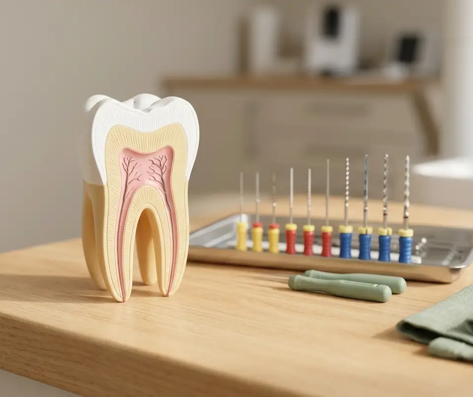 Modèle anatomique de dent en coupe montrant la racine et le canal radiculaire — conseils après un traitement endodontique au cabinet dentaire à {{VILLE}}