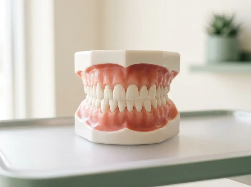 Modèle dentaire propre montrant des dents et des gencives saines posé sur une tablette claire — parodontologie, cabinet dentaire à {{VILLE}}