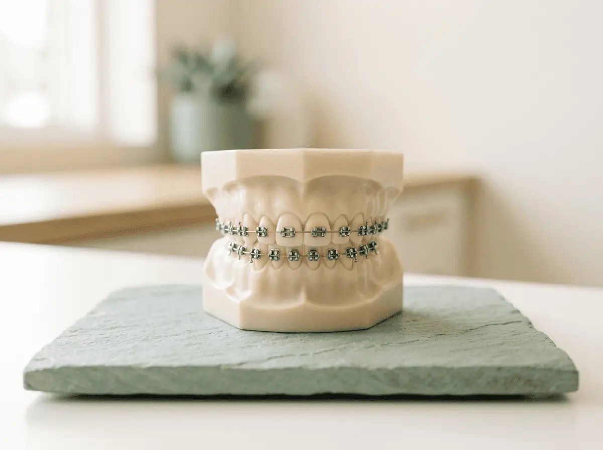 Modèle dentaire équipé d'un appareil orthodontique (bagues et arc) posé sur une tablette claire — orthodontie, cabinet dentaire à {{VILLE}}