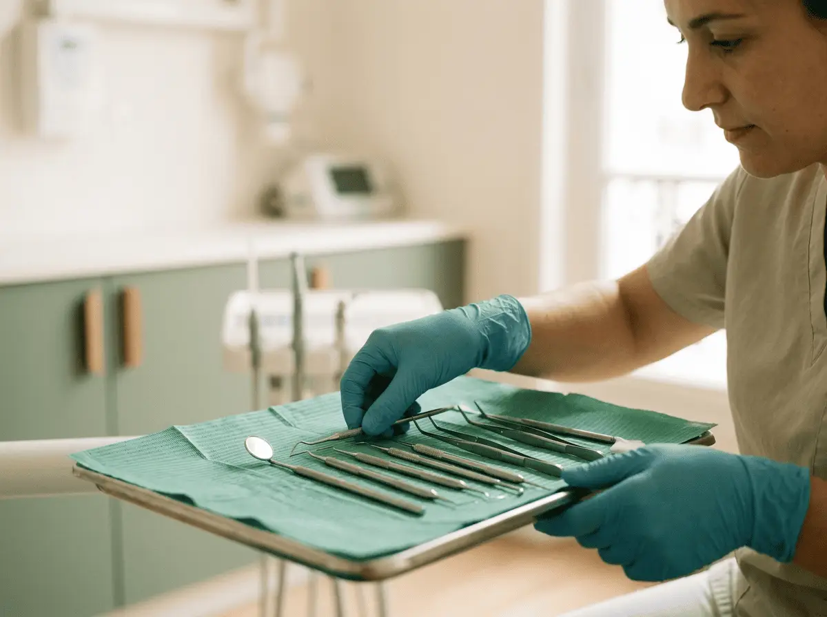 Mains gantées préparant un plateau d'instruments dentaires stériles sous champ propre — odontologie chirurgicale, cabinet dentaire à {{VILLE}}